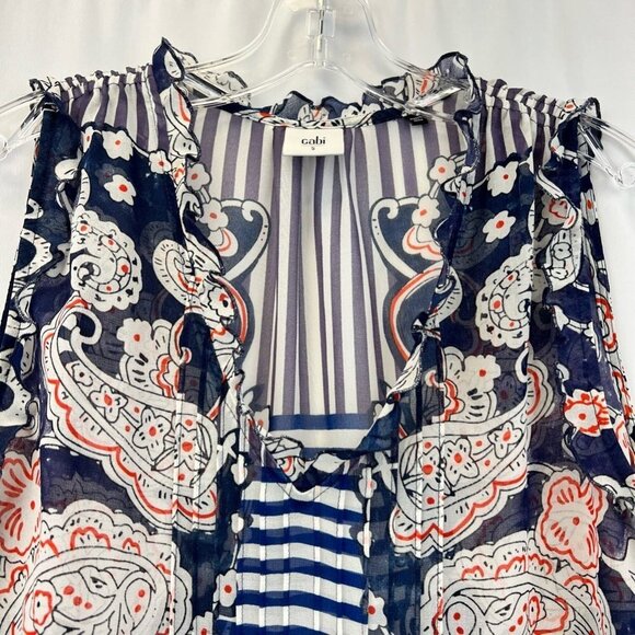 Cabi Womens Peplum Top Multicolor Paisley Stripe Sleeveless V Neck Sheer S - Picture 3 of 11
